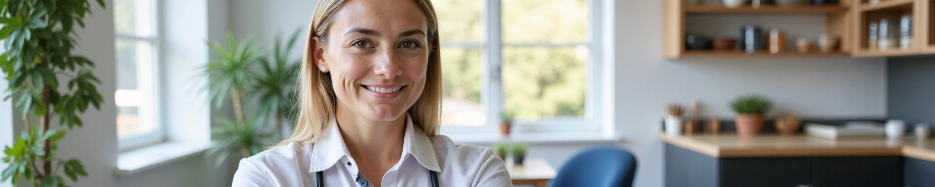 Nutrizionista professionista sorridente in ambiente moderno e pulito