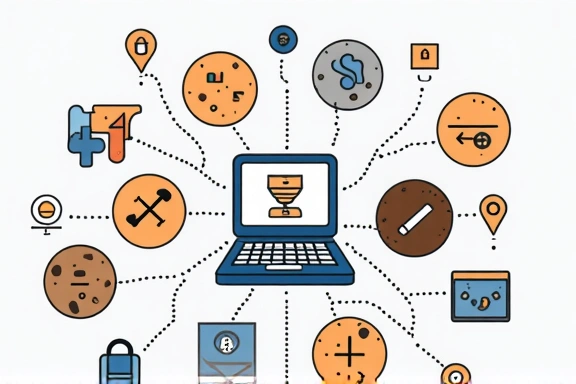 Illustrazione di un cookie digitale con icone di privacy e dati