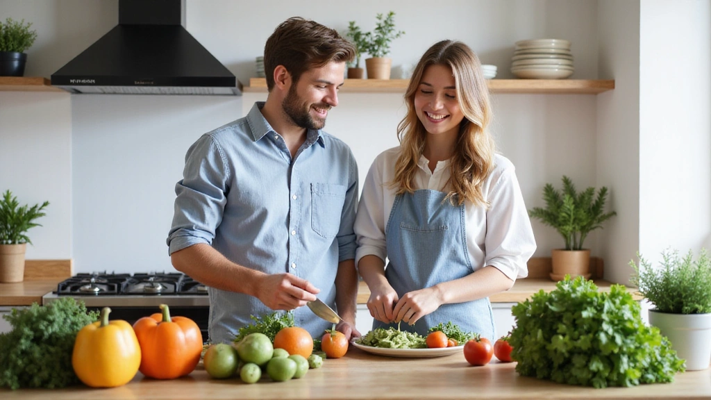 Coppia sorridente che prepara cibo sano in una cucina luminosa