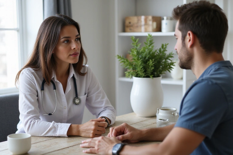 Un nutrizionista che parla con un cliente in un ambiente accogliente, mettendo in evidenza un approccio personalizzato e l'ascolto attivo per capire le esigenze individuali.